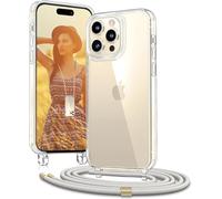 OLEPHY Funda con Cuerda para iPhone 15 Pro 6,1", Funda con Cordón Ajustable para el Cuello para iPhone 15 Pro, Case Transparente con Correa para el Cuello, Beige