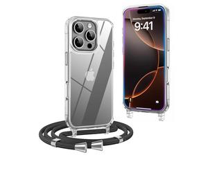 OLEPHY Funda con Cuerda para iPhone 16 Pro 6,3", Funda con Cordón Ajustable, Case Transparente con Correa para el Cuello, Negro