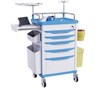 OLERN Carro médico rodante con ruedas, tablero de RCP, poste IV, soporte de O2, cubo de basura, ruedas silenciosas, cajones con divisores, carrito de emergencia para clínica, hospital, centro de