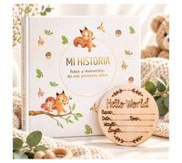 Olesea Álbum Fotos Bebé y Libro de Recuerdos 0-5 Años + Placa Hello World de Madera 10 cm | Fotos 10x15, +50 Páginas y Pegatinas | Regalo Bebé Recién Nacido Niño y Niña