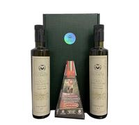 Oleum Comitis - Aceite de Oliva Virgen Extra 100% Italiano Extraído en Frío - Caja de Regalo con 2 Botellas de 500 ml y Parmigiano Reggiano DOP Vacche Rosse 30 Meses