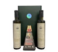 Oleum Comitis - Aceite de Oliva Virgen Extra 100% Italiano Extraído en Frío - Caja de Regalo con 2 Botellas de 500 ml y Parmigiano Reggiano DOP Vacche Rosse 24 Meses