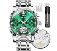 OLEVS Automatic Mechanical Men Watch,Day-Date-Month-and-Year Automatic Watch Men,Fashion Stainless Steel Watch Green&Blue&Black Face