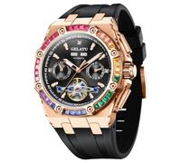 OLEVS GELATU - Reloj automático para hombre, esfera de esqueleto Tourbillon con marcadores de diamante, resistente al agua hasta 50 m, multicalendario, movimiento mecánico, reloj de cristal de zafiro