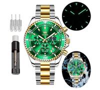 OLEVS Green Dial Watches for Men Fashion Analog Quartz Waterproof Chronograph Gold Silver Stainless Steel Watch Business Classic Luxury Big Face Luminous Multifunction Men Wristwatches