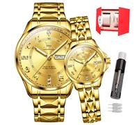 OLEVS Juego de 2 relojes analógicos de cuarzo para hombre y mujer, impermeables, luminosos, con fecha, regalos románticos para parejas, juego de 2, 2910- Golden Face 1 par, Moderno