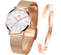 OLEVS Juego de regalo de reloj para mujer con pulsera de oro rosa para mujer, minimalista, simple, delgado, casual, analógico, de cuarzo, impermeable, dos tonos, reloj oro rosa blanco, Reloj para