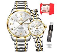 OLEVS Pareja de relojes de cuarzo para San Valentín, impermeables, 3 ATM, calendario luminoso, calendario, casual, de acero inoxidable, para hombre y mujer, amantes del matrimonio, Moderno