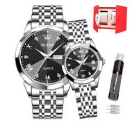 OLEVS Pareja de relojes de cuarzo para San Valentín, impermeables, 3 ATM, calendario luminoso, calendario, casual, de acero inoxidable, para hombre y mujer, amantes del matrimonio, Moderno