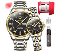 OLEVS Pareja Reloj de Cuarzo para Hombre y Mujer, Acero Inoxidable, Boda, Expresión Romántica, Día y Noche, Brillo, Calendario, Resistente al Agua, Casual