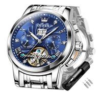 OLEVS Reloj analógico de cuarzo para hombre, calendario de fase lunar, reloj de lujo de negocios, acero inoxidable, resistente al agua, 30 m, luminoso, regalo, 9910 Azul, Lujo