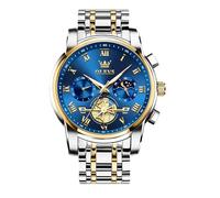 OLEVS Reloj analógico grande para hombre, correa de metal, cuarzo, acero inoxidable, reloj de pulsera con fase lunar, cronógrafo luminoso, resistente al agua, regalo para hombres, 2859 Azul Bicolor