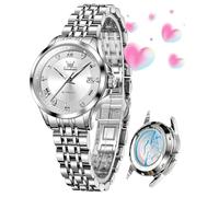 OLEVS Reloj automático para mujer, con diamantes de lujo, con fecha, clásico, de cuerda automática, luminoso, resistente al agua, L6702: correa plateada y esfera blanca
