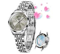 OLEVS Reloj automático para mujer, con diamantes de lujo, con fecha, clásico, de cuerda automática, luminoso, resistente al agua, L6702: correa plateada y esfera gris
