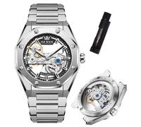 OLEVS Reloj de esqueleto automático para hombre, relojes mecánicos de lujo | Reloj de pulsera de cuerda automática, sin batería, acero inoxidable, resistente al agua 3TM, deportivo, reloj de vestir