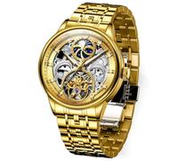 OLEVS Reloj de esqueleto para hombre, de piel negra, dorado, tourbillon, fases lunares, automático, mecánico, automático, automático, automático, automático, automático, de cuerda, resistente al agua