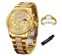 OLEVS Reloj de madera para hombre, cronógrafo de lujo, de acero inoxidable, resistente al agua, con calendario de fases lunares, madera natural, híbrido, reloj de vestir, regalo ideal para hombres