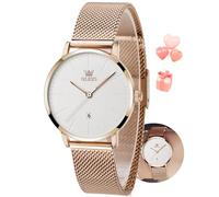 OLEVS Reloj de malla para mujer con fecha, analógico, de cuarzo, clásico, resistente al agua, color azul, negro y blanco, Banda de oro rosa, cara negra, Relojes de negocios para mujer