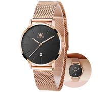 OLEVS - Reloj de malla para mujer, con fecha, analógico, de cuarzo, para mujer, reloj clásico, resistente al agua (azul/negro/cara blanca), banda de oro rosa cara negra, Redondo, relojes de negocios