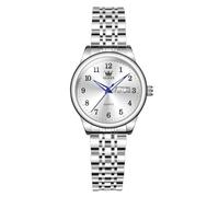 OLEVS Reloj de mujer de acero inoxidable plateado, números romanos clásicos, relojes de día y fecha, reloj de cuarzo analógico de lujo para mujer, 5006-esfera blanca/correa plateada, Standard, pulsera