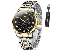 OLEVS Reloj de pulsera analógico de acero inoxidable para hombre, multifuncional, impermeable, luminoso, fecha, dos tonos, para hombre, G5529-Plata Dorado-Negro, Redondo, Reloj de lujo