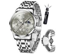 OLEVS Reloj de pulsera analógico de acero inoxidable para hombre, multifuncional, impermeable, luminoso, fecha, dos tonos, para hombre, G5529-plateado-gris, Redondo, Reloj de lujo