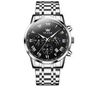 OLEVS Reloj de pulsera analógico de acero inoxidable para hombre, multifuncional, impermeable, luminoso, fecha, dos tonos, para hombre, G5529-Plata-Negro, Redondo, Reloj de lujo