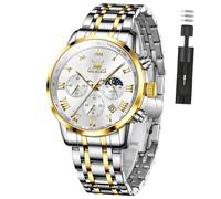 OLEVS Reloj de pulsera analógico de acero inoxidable para hombre, multifuncional, impermeable, luminoso, fecha, dos tonos, para hombre, G5529, plata, oro, plata, Redondo, Reloj de lujo