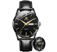 OLEVS Reloj de pulsera analógico de cuarzo para hombre, elegante, informal, con correa de cuero negro y marrón, luminoso, resistente al agua, con calendario, Todo negro, Casual de negocios