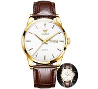 OLEVS Reloj de pulsera analógico de cuarzo para hombre, elegante, informal, con correa de cuero negro y marrón, luminoso, resistente al agua, con calendario, Cuero marrón y esfera blanca, Clásico