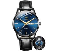 OLEVS Reloj de pulsera analógico de cuarzo para hombre, elegante, informal, con correa de cuero negro y marrón, luminoso, resistente al agua, con calendario, Cuero negro y esfera azul, Clásico