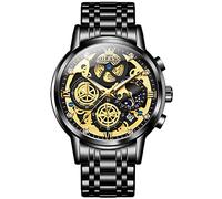 OLEVS Reloj de pulsera para hombre, con cronógrafo, de diamante, de cuarzo, con fase lunar, números romanos, acero inoxidable, esfera dorada, azul, blanca, resistente al agua, luminoso, G9947: negro