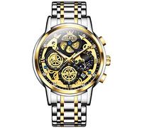 OLEVS Reloj de pulsera para hombre, con cronógrafo, de diamante, de cuarzo, con fase lunar, números romanos, acero inoxidable, esfera dorada, azul, blanca, resistente al agua, luminoso, L9931: correa