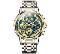 OLEVS Reloj de pulsera para hombre, con cronógrafo, de diamante, de cuarzo, con fase lunar, números romanos, acero inoxidable, esfera dorada, azul, blanca, resistente al agua, luminoso, L9931: correa