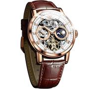 OLEVS Reloj de pulsera para hombre, diseño de esqueleto automático, con correa de piel de lujo, impermeable, luminoso, para hombre, Marrón blanco