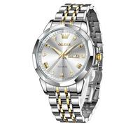 OLEVS Reloj para hombre con aroma espontáneo, vestido de diamante, analógico, cuarzo, acero inoxidable, impermeable, fecha luminosa, reloj para hombre, G9931: correa dorada plateada y esfera plateada