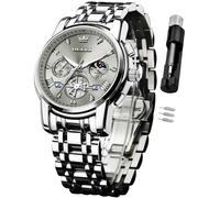 OLEVS Reloj para hombre de acero inoxidable, cronógrafo, esfera grande, fácil de leer, analógico, de cuarzo, resistente al agua, fecha, diamante, números arábigos romanos, esfera de vestir, relojes de