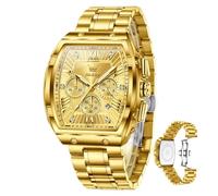 OLEVS Relojes analógicos de cuarzo para hombre, de lujo, resistente al agua, cronógrafo, acero inoxidable, cara grande, fecha, fase lunar, números romanos, reloj de vestir para hombre, Oro 5639 y oro