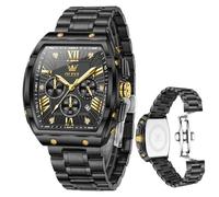 OLEVS Relojes analógicos de cuarzo para hombre, de lujo, resistente al agua, cronógrafo, acero inoxidable, cara grande, fecha, fase lunar, números romanos, reloj de vestir para hombre, 5639 negro y