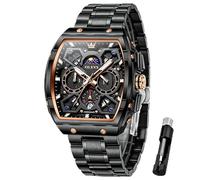 OLEVS Relojes analógicos de cuarzo para hombre, de lujo, resistente al agua, cronógrafo, acero inoxidable, cara grande, fecha, fase lunar, números romanos, reloj de vestir para hombre, 2942 negro y