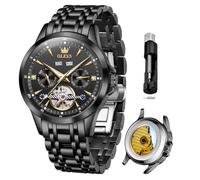 OLEVS Relojes automáticos para Hombre, de Lujo, con Esqueleto, multifunción, mecánico, con Fecha, Impermeable, Luminoso, para Hombre, Todos los Relojes Negros 7091, Reloj para Hombre