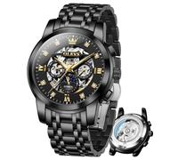 OLEVS Relojes automáticos para hombre, de lujo, esqueleto, mecánico, reloj para hombre, fase lunar, resistente al agua, fecha, reloj de caballero, 6721: negro