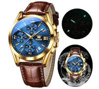 OLEVS Relojes de cuarzo con cronógrafo para hombre, correa de cuero, caja dorada con fecha de día, reloj de pulsera de acero inoxidable impermeable, relojes luminosos para hombre, moda, ocio, deportes