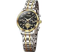 OLEVS Relojes de cuarzo para mujer, de lujo, casual, elegante, relojes de pulsera de acero inoxidable de dos tonos con esfera azul, negra y blanca, diamante impermeable, luminoso, L2897: correa dorada