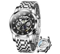 OLEVS Relojes de lujo para hombre, esqueleto automático, mecánico, diamante, fase lunar, impermeable, fecha, reloj de caballero, 6721:plateado negro