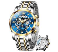 OLEVS Relojes de lujo para hombre, esqueleto automático, mecánico, diamante, fase lunar, impermeable, fecha, reloj de caballero, 6721:Two Tone&Blue