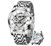 OLEVS Relojes de lujo para hombre, esqueleto automático, mecánico, diamante, fase lunar, impermeable, fecha, reloj de caballero, 6721:blanco plateado