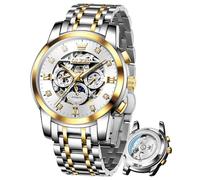 OLEVS Relojes de lujo para hombre, esqueleto automático, mecánico, diamante, fase lunar, impermeable, fecha, reloj de caballero, 6721:Two Tone&White