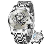 OLEVS Relojes de lujo para hombre, esqueleto automático, mecánico, diamante, fase lunar, impermeable, fecha, reloj de caballero, 6721:gris plateado