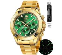 OLEVS Relojes de oro para hombre, automático, de lujo, impermeable, calendario, acero inoxidable, luminoso, para hombre, Esfera dorada y verde, Lujo